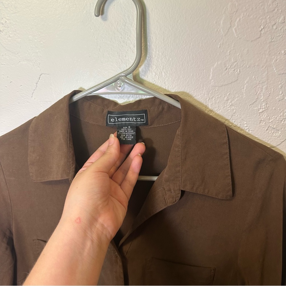 Elementz 100% Silk Button Down. Size Small Brown - image 6